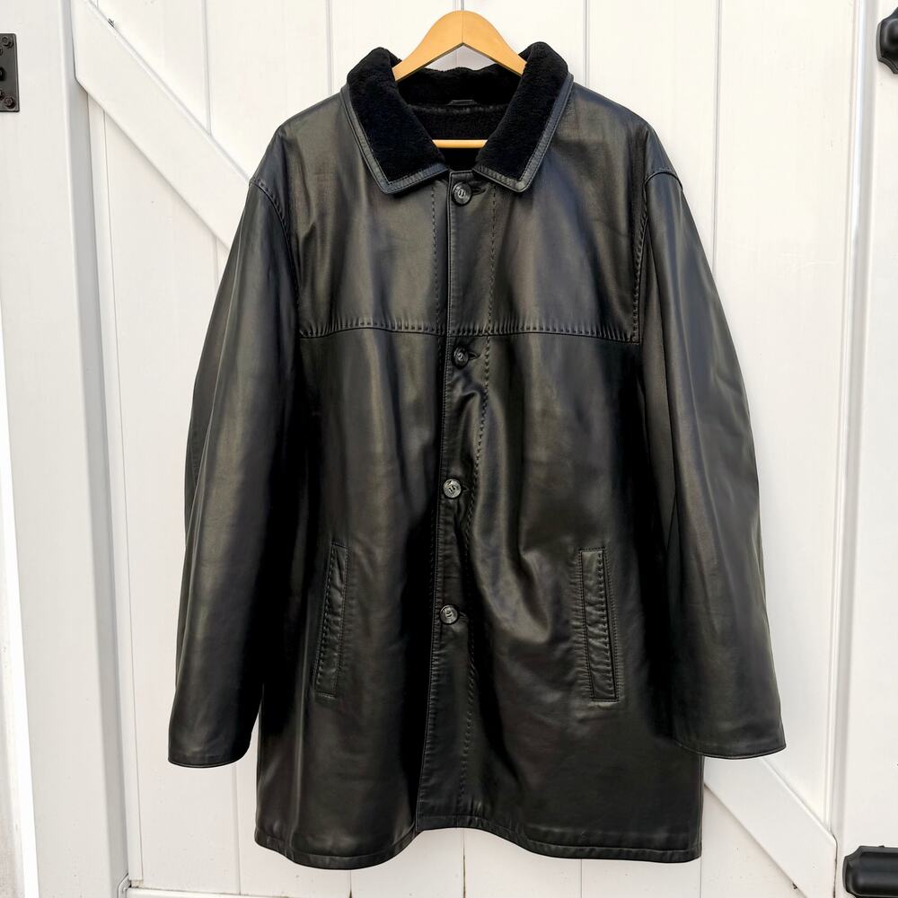 Vintage 100% Genuine Shearling Heavy Winter Coat Black Leather Lammfell Men’s XL